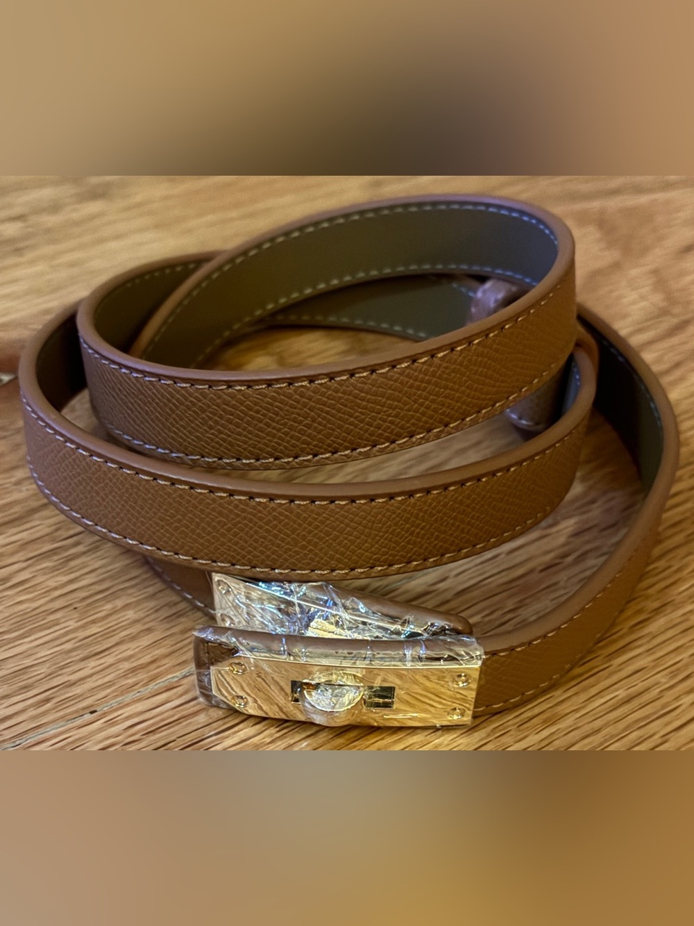 Tan woman men Belt with Gold-Tone Turnlock Buckle